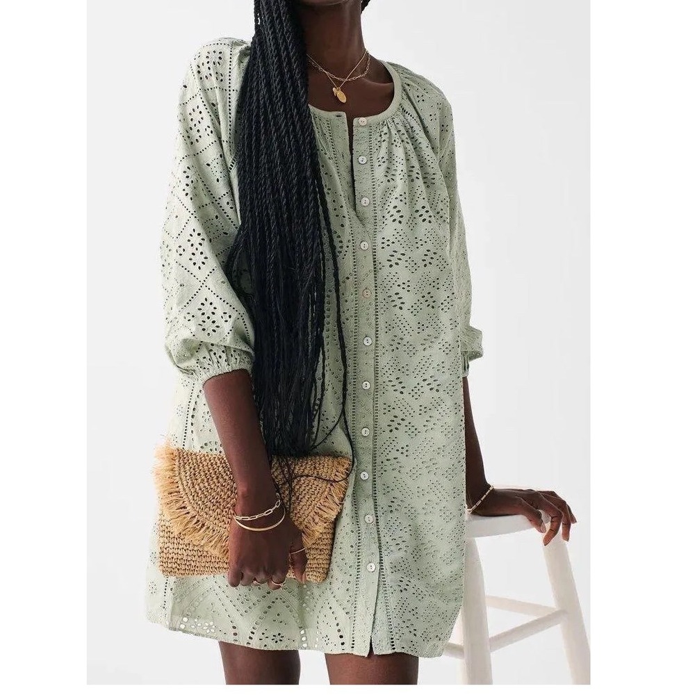 Eyelet Button-Front Mini Dress in Sage Green